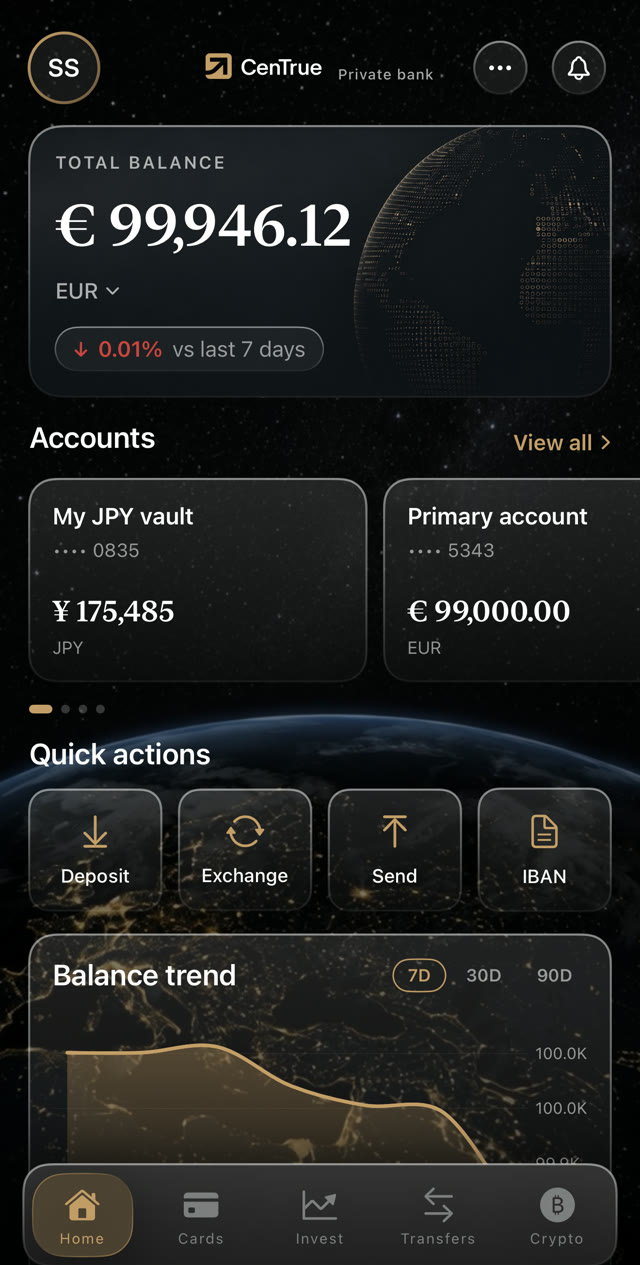 The same position on the CenTrue mobile app: total balance, accounts, and deposit, exchange, send and IBAN actions
