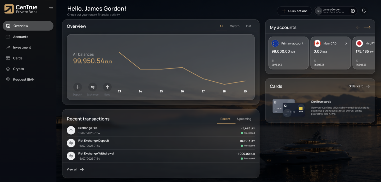 The CenTrue client dashboard: total balance across every account in a chosen reporting currency, accounts by currency, cards and recent activity